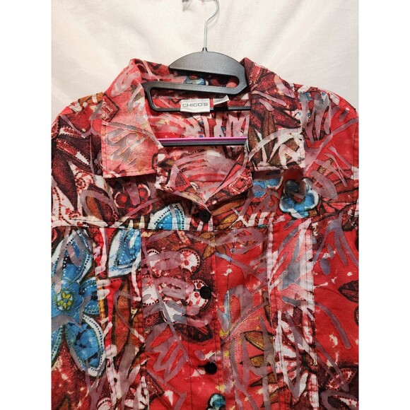 Chicos Women 3 Red Shaket Button Sheer Burnout Floral Long Sleeve Abstract Artsy - Picture 7 of 12